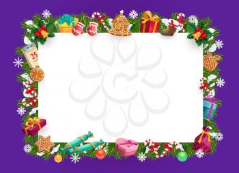 Christmas frame of Xmas tree, gifts and stocking with copy space. Winter holidays vector greeting card with pine and holly wreath, New Year presents, candies and balls, bell, snow and gingerbread