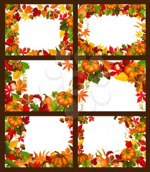 Autumn season leaf and fall nature frame poster with copy space. Autumn leaf, fall harvest pumpkin vegetable, orange maple foliage, forest mushroom and acorn branch border for greeting card design
