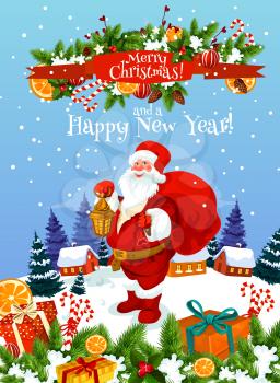 Christmas and New Year greeting card of Santa Claus with gift bag and lantern. Santa, Xmas present and holly garland festive poster with ribbon banner and wishes of Happy Winter Holidays