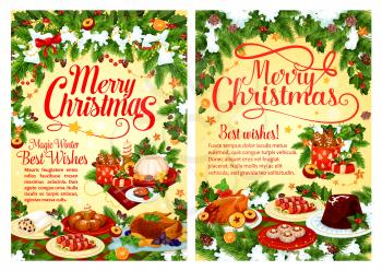 Christmas party festive dinner greeting card with Xmas tree and holly garland. Turkey or chicken, fruit cake and mulled wine, cookie, nut dessert and gingerbread for winter holiday invitation design