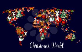 Christmas world map with New Year holiday symbol. Xmas tree, gift and bell, Santa Claus, snowman and present, holly berry, candy and candle, sock, cookie and reindeer sleigh, gingerbread house and hat