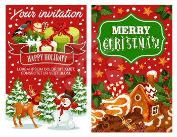 Merry Christmas greeting card of snowman and Santa reindeer with Christmas tree decorations. Vector bullfinch on present gifts, Xmas ribbon and snowflakes for New Year winter holiday season