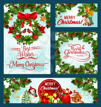 Merry Christmas greeting card or wish banner design of snowman and Santa gifts, Christmas tree and New Year decoration ribbon wreath. Vector golden bell on holly garland of bells for winter holidays