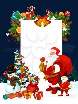 Christmas holiday greeting card of Santa Claus with gift bag. Xmas tree, Santa, snowman and banner with copy space, decorated by holly and fir branch, bell, snowflake and bow, present, candy and ball