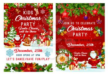 Christmas party and New Year holiday celebration poster set. Santa and snowman with gift, Xmas tree and bell, holly berry, star and ball, candy, sock, ribbon and cookie invitation with snowflake frame
