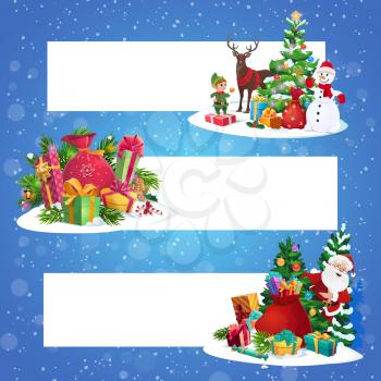 Christmas gifts, Santa and snowman vector banners. Xmas tree, Claus and elf, reindeer, New Year presents and ribbons, gingerbread, candies and balls with copy space of winter holidays greeting wishes