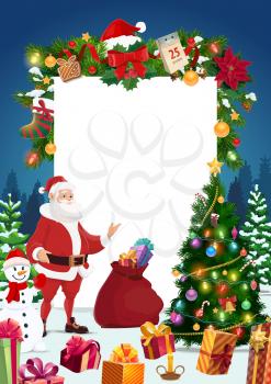 Christmas tree, Santa, snowman and greeting signboard with copy space. Vector design. Xmas gifts, Claus bag and presents garland with red hat, calendar and ribbon bows, balls, lights and snow