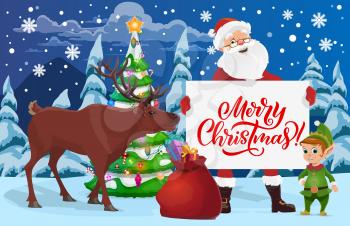 Santa, elf and deer near Christmas tree with New Year holiday greeting card vector design. Claus with helpers standing in winter snow forest with red bag, balls and lights, snowflake, star and candies