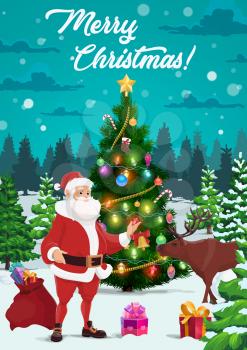 Santa, Christmas tree and gifts, Xmas holidays vector greeting card with wishes of Merry Holidays. Claus, reindeer, New Year present boxes and pine tree with balls, lights and bell, stocking, candies