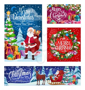 Merry Christmas and Happy New Year winter holiday Santa with gifts bag on reindeer sleigh. Vector Xmas tree wreath with decorations and ornaments in snow, holly and golden bell in snowflakes