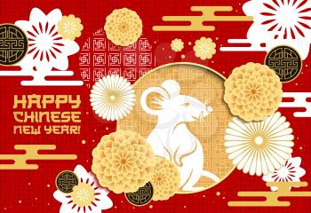 Chinese zodiac rat vector design of Lunar New Year. Mouse animal horoscope symbol with white papercut flowers and golden coins on floral pattern with oriental clouds and chrysanthemums