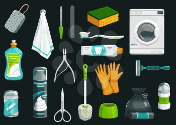 Hygiene product vector icons. Toothpaste, toothbrush and deodorant, towel, shaving foam and shaver, gloves, toilet brush and sponge, dishwashing liquid, garbage bag, washing machine and manicure items
