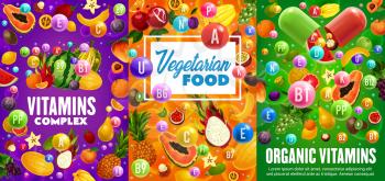 Fruit vitamins and minerals, vegetarian multivitamin complex vector design. Vitamin capsule with tropical mango, exotic durian and orange, banana, pineapple and papaya, watermelon, fig and grapes