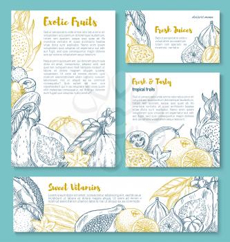 Exotic fruits sketch posters or banners templates. Vector set of tropical papaya, lychee or organic farm figs and durian, pitahaya dragonfruit or passionfruit and carambola, juicy tropic guava harvest