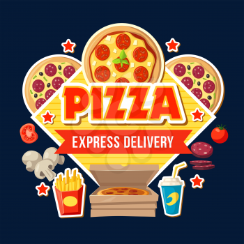 Fast food menu poster for pizza delivery or cafe and fastfood restaurant bistro. Italian cuisine elements with mushrooms and salami, tomato and french fries or soda in paper cup, vector takeaway food
