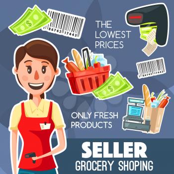 Shop seller or cashier professional poster for grocery shopping, purchases on cash desk. Vector of basket with products, barcode and cash or money banknotes, vendor and scanner for check receipt