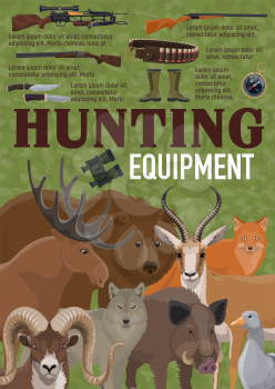 Hunting equipment for hunt sport retro poster with weapon and prey. Crossbow and rifle, knives and gun, bullets and rubber boots. Deer and bear, moose and wolf, boar and fox, goat and duck vector
