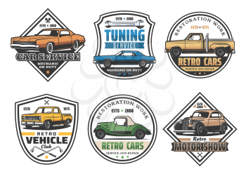 Car repair service retro icons for automobile tuning or restoration works. Vector signs set of old transport and wrenches, garage station and motor show, mechanic on duty and vehicle club isolated