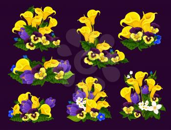 Flower and blooming garden plant icon with floral bouquet. Spring crocus, pansy, calla lily and jasmine flower bunch for Springtime Season Holiday celebration greeting card design