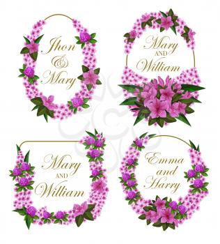 Flowers icons for Save the Date wedding invitation or springtime seasonal greeting card. Vector frames and wreath of clover and crocuses blossoms with and bride or bridegroom names