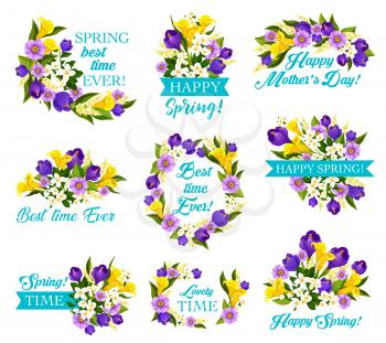 Mother Day Spring Holiday floral icon with springtime flower bouquet. Blooming garden plant wreath with flower of crocus, calla lily, jasmine and ribbon banner for Women Day greeting card design