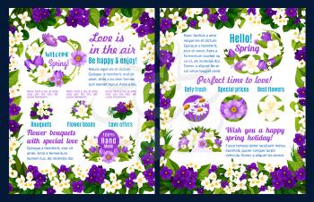 Hello Spring festive poster template with flower bouquet. White and purple flower frame of chamomile, tulip and jasmine, crocus, lily of the valley and violet greeting card, adorned by butterfly