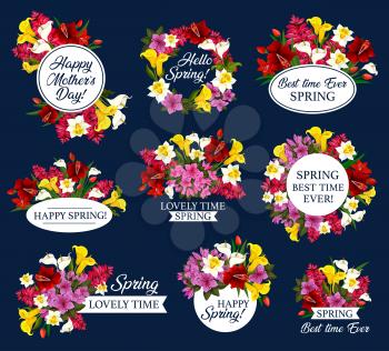 Spring Holiday floral icon with flower wreath and bouquet. Daffodil, tulip and azalea, calla lily and delphinium flower, blooming plant and flourish herb for Mother Day, Springtime season celebration