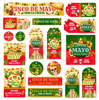 Cinco de Mayo tag and fiesta party invitation banner. Mexican holiday skull in sombrero with maracas, chili pepper and jalapeno, cactus, tequila margarita and guitar, festive flag, pinata and pyramid