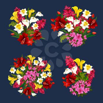 Flowers bouquets for Save the Date or wedding and springtime greeting card design. Vector isolated set of blooming spring roses, tulips and exotic orchids for marriage wedding or seasonal holiday