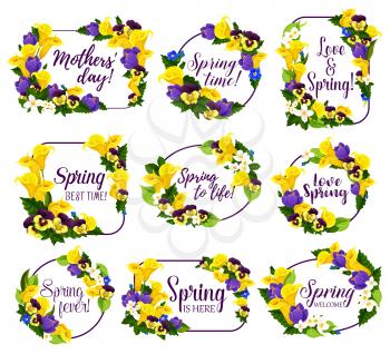 Spring flower frame for Springtime Holiday celebration. Blooming floral wreath and garland with calla lily, crocus, jasmine and pansy flower for Mother Day greeting card and wedding invitation design