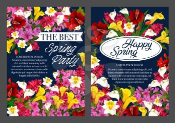 Spring party banner with Springtime flower. Blooming flower of daffodil, crocus and calla lily, azalea and delphinium festive floral poster for Mother Day and Spring Holiday celebration design