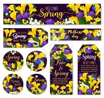 Mother Day flower tag for Spring Season Holiday celebration template. Calla lily, crocus and pansy flower, blooming jasmine branch and green leaf of garden plant for festive floral label design
