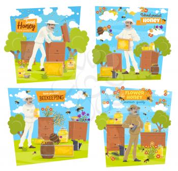 Honey bee farm with beekeeper, honeycomb frame and apiary beehive, beekeeping vector design. Flower honey, organic food product jar and barrel, wooden dipper and apiarist in protective suit and mask