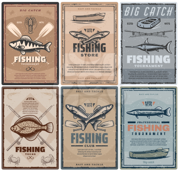 Fishing store, fisher sport tournament and tours. Vector vintage design of fisherman tackles, boat and rod for fish catch of carp, marlin and flounder, crab and pike