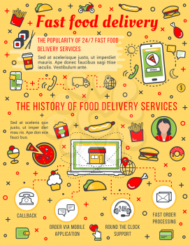 Fast food delivery, sandwiches, burgers and snacks. Vector thin line design of 24 hours 7 days order delivery on phone app. Pizza, cheeseburger, fries and Mexican tacos with nuggets