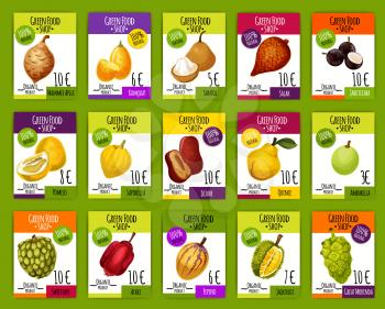Exotic tropical fruits price cards, farm market. Vector mammee apple, kumquat or santol and organic salak fruit, jabuticaba or pomelo citrus and sapodilla with jujube and quince pear