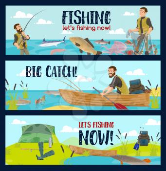 Fishing sport tours or fisherman tackles and equipment shop. Vector cartoon fisher man in rubber boat on lake or sea with rod for fish catch