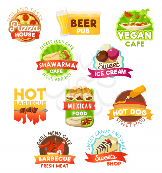 Fast food vector icons. Fastfood restaurant, beer pub or cafeteria and pastry shop bistro takeaway and delivery. Pizza, vegan salads or shawarma and ice cream with hot dog sausage and kebab