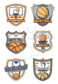 Basketball league club badges or college team sport icons. Vector isolated basketball player man with ball and victory wings, cup and stars. Sport game tournament theme