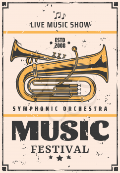 Music festival announcement, symphonic orchestra or jazz night or live music show. Vector vintage musical instrument trumpet, band concert