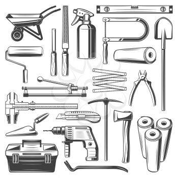 Work tools icons. Carpentry, painting and plastering, construction and woodwork. Vector construction and building tools hammer, wheelbarrow and file, spade and wallpapers, toolbox and ruler