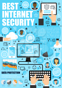 Internet security and web data exchange protection. Vector secure cloud storage technology, user files privacy and encryption in computer and smartphone networks