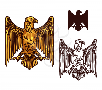 Gothic eagle sketch icon of heraldic golden griffin with beak, spread wings and claws. Vector vintage gryphon vulture mystic bird silhouette for royal emblem, shield or coat of arms symbol