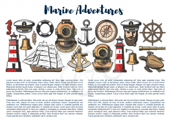 Nautical objects and sailor equipment, marine adventure and travel. Vector captain in hat with smoking pipe, lighthouse and ship helm with anchor, spyglass and boat bell, frigate sails and sextant