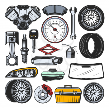 Car auto parts icons and tools. Vector engine valves, brake pads or manometer, tire and rims, spark plug and wrench, mechanic toolbox for repair, headlight and windshield, car key and jack