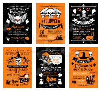 Halloween night party night invitation posters and cards templates for 31 October traditional trick or treat holiday celebration. Vector Halloween pumpkin lantern, skeleton skull and zombie grave