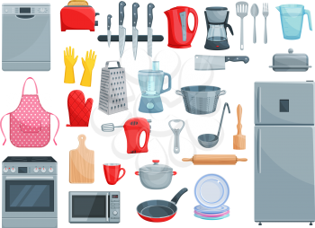 Kitchen utensil, kitchenware and home appliances icons. Vector set of refrigerator, dishwasher or microwave oven and mixer, grater or frying pan and saucepan, dishware ladle spoon and rolling pin