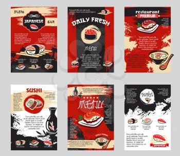 Japanese cuisine sushi bar or Asian restaurant posters set for menu template. Vector design of soy sauce, salmon fish sushi roll or tuna noodle and seafood rice soup in bowl, chopsticks with green tea