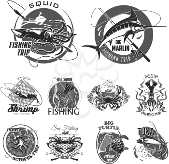 Fishing trip or fisherman club icons set of big fish on hook and tackle. Vector isolated badges of squid, turtle or shrimp and fishing rod with lure oe net, tuna or salmon and marlin or octopus