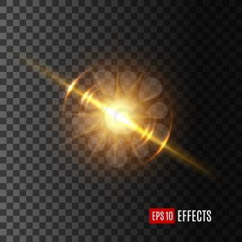 Light flash with lens flare effect of glittering sun or starlight beam and sparkling ray on transparent background. Vector isolated twinkling star or solar space burst and gleaming bokeh glare sparkle